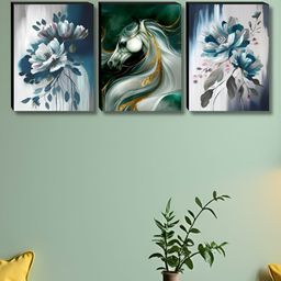 SAF White & Green 3 Pieces Birds And animals Wall Paintings-24