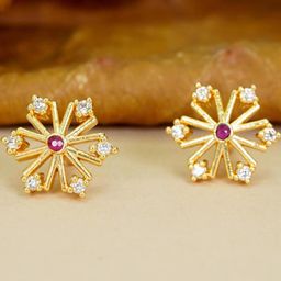 DIVASTRI Gold Pair Of 2 Floral Brass AD Diamond Studs Earrings-28