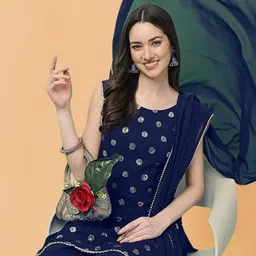PARROT CREATION Geometric Embroidered Sequinned Georgette Kurti with Sharara And Dupatta image 4