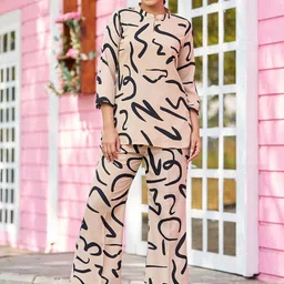 VIBE VISION Abstract Printed Mandarin Collar Tunic With Trousers-picture-0