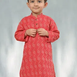 Sangria Boys Red & White Floral Embroidered Mandarin Collar Pure Cotton Straight Kurta-40
