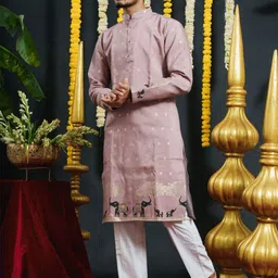 SHRIIMANT Geometric Woven Design Mandarin Collar Cotton Jacquard Straight Kurta-picture-27