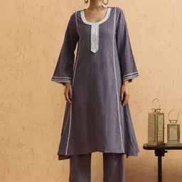 STYLEBAAZI Striped Embroidered Thread Work Mirror Work Pure Cotton Kurta With Trouser-picture-17