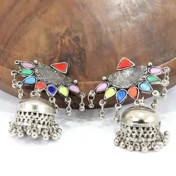 VAGHBHATT Silver-Plated Mirror Oxidised Studded & Beaded Jhumkas-35