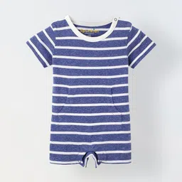 SPUNKIES Infant White & Blue Stripe Cotton Round Neck Romper-49