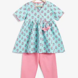 Campana Girls Floral Printed Angrakha Kantha Work Pure Cotton Kurti with Trousers-picture-50