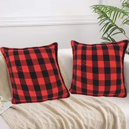 Lushomes Red & Black Set of 2 Checked Square Cushion Covers image 1