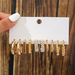DressBerry Set Of 6 Gold-Plated Perals Beaded Circular Half Hoop Earrings-65