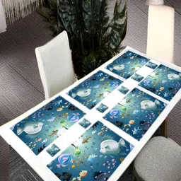 REVEXO 6Pc Blue & White Printed Rectangle Costers & Table Placemats-30