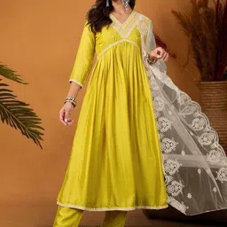 SheWill Ethnic Motifs Embroidered V-Neck Empire Anarkali Kurta With Trouser & Dupatta-image-33