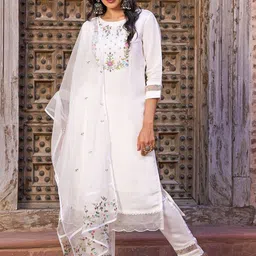 TWINS LADY Women Ethnic Motifs Embroidered Regular Thread Work Chanderi Silk Kurta with Trousers & With-picture-16
