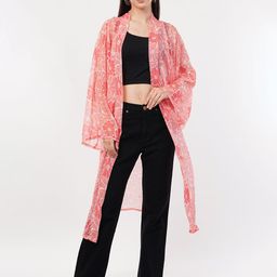 FLY STITCH Floral Printed Longline Chiffon Open Front Shrug-image-86