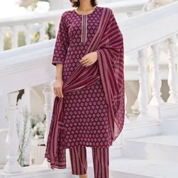 Moda Rapido Floral Printed Round Neck Pure Cotton Kurta With Trousers & Dupatta-42