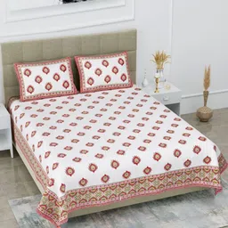 HOMELINE Red & White Ethnic Motifs Pure Cotton 180 TC King Bedsheet Set 2.54  x 2.74Mts-image-5