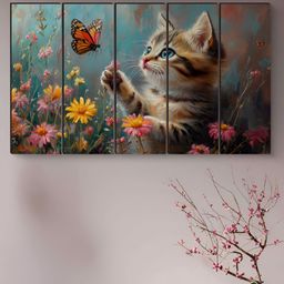 Myntra Elegant Homes Blue & Pink 5 Pieces Cute Kitten MDF Wooden Wall Art-image-5