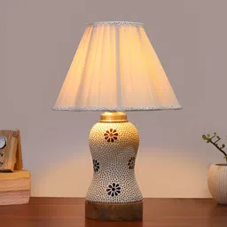 Devansh Off White & Blue Textured Wooden Frustum Shaped Table Lamp With Mosaic Glass Base-31