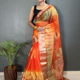 V3 FASHION STUDIO Tie and Dye Zari Organza Leheriya Saree-image-58