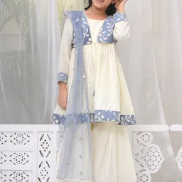 Little Bansi Girls Floral Embroidered Thread Work Pure Cotton Kurta With Sharara & Dupatta-image-87