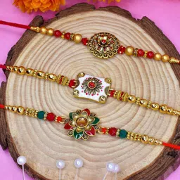 MEIRA JEWELLERY 3P Combo Rakhi with Roli Chawal n Gift Card Rakhi for BrotherRKH- Gold Finish-image-43