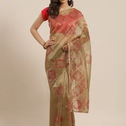 KIMISHA Ethnic Motifs Zari Organza Block Print Saree-6