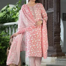 G4Girl Floral Printed Mirror Work Pure Cotton Straight Kurta With Trousers & Dupatta-picture-17