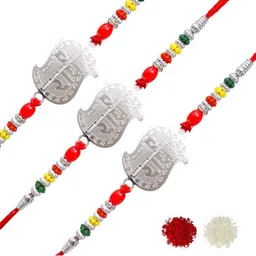 MEIRA JEWELLERY Set Of 3 Radhe Design Beaded Rakhi With Greeting Card & Roli Chawal-image-16