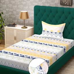 Aura White & Yellow Geometric 300 TC Single Bedsheet with 1 Pillow Cover-image-100