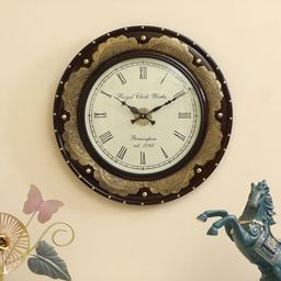 vedas C-Jeet Brown & Beige Textured Wooden And Brass Wall Clock-29