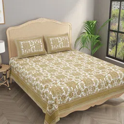 Gulaab Jaipur Cream-Coloured & Brown Floral 400 TC King Bedsheet with 2 Pillow Covers-68