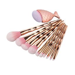 zemglam Set Of 10 Diamond Makeup Brushes & 1 Big Fish Tail for Foundation-40