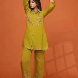Kaftanize Yellow Embroidered Co-Ord Set In Roman Fabric-image-3