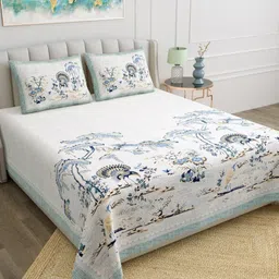 JAIPUR FABRIC White & Blue Floral 180 TC King Bedsheet with 2 Pillow Covers-image-80