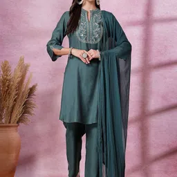 Nayam By Lakshita Floral Embroidered Sequinned Straight Kurta With Trouser & Dupatta-picture-45