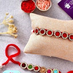 CraftVatika Set Of 2 Stone Studded Designer Rakhi With Tilak Greeting Card & Fridge Magnet-17