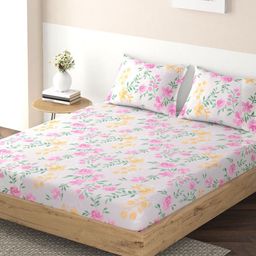 HOKIPO Beige & Pink Floral 130 TC Queen Bedsheet with 2 Pillow Covers-image-46