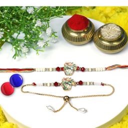 Premium Bhaiya Bhabhi Lumba Rakhi Set with chocolates (36 GM ), roli , chaval and greeting card.-image-71