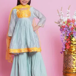 Little Bansi Girls Embroidered Chanderi Silk Anarkali Kurta With Sharara & Dupatta-image-66