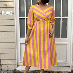 Label Tanvee Striped Puff Sleeve Fit & Flare Midi Dress-image-2