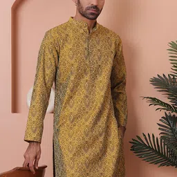 Anouk Yellow & Black Ethnic Motifs Woven Design Band Collar Jacquard Straight Kurta-image-65