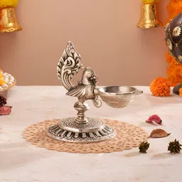 Homspurts German Silver Peacock Glow Diya-image-9