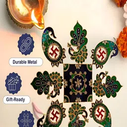 Kala Samarpan Green & Red Swastik & Peacock Shaped Rangoli Sticker With Centerpiece image 5