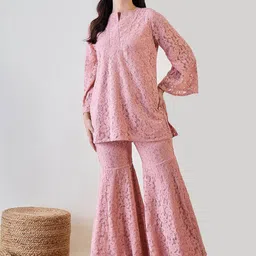 The Kaftan Company Self Design Round Neck Top & Trousers Co-Ords-24