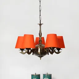 Devansh Orange Conical cotton shade with Antique Golden Chandelier Metal Ceiling Lamp-picture-29