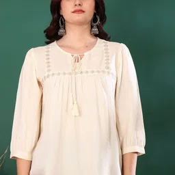 YASH GALLERY Women Embroidered Tie-Up Neck Top-image-10