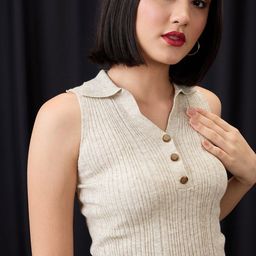 Globus Women Beige Collared Gold Button Detail Flat Knit Ribbed Crop Top-26