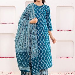 VASVI Floral Printed Pure Cotton Round Neck Straight Kurta With Trousers And Dupatta-image-90