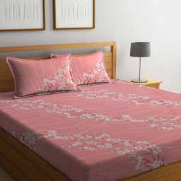KLOTTHE Pink & White Floral-Printed 130GSM Pure-Cotton Double King Bedsheet Set-image-6