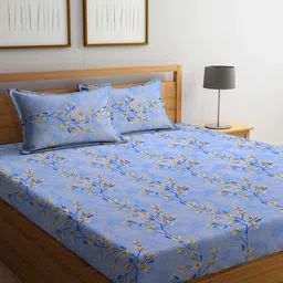 KLOTTHE Blue & Brown Floral-Printed 130GSM Pure-Cotton Double Bedsheet Set-image-30