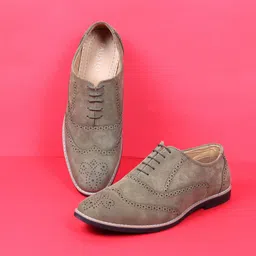 FAUSTO Men Olive Green Perforations Suede Brogues-image-61