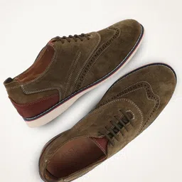 FAUSTO Men Olive Green Perforations Suede Brogues-image-11
